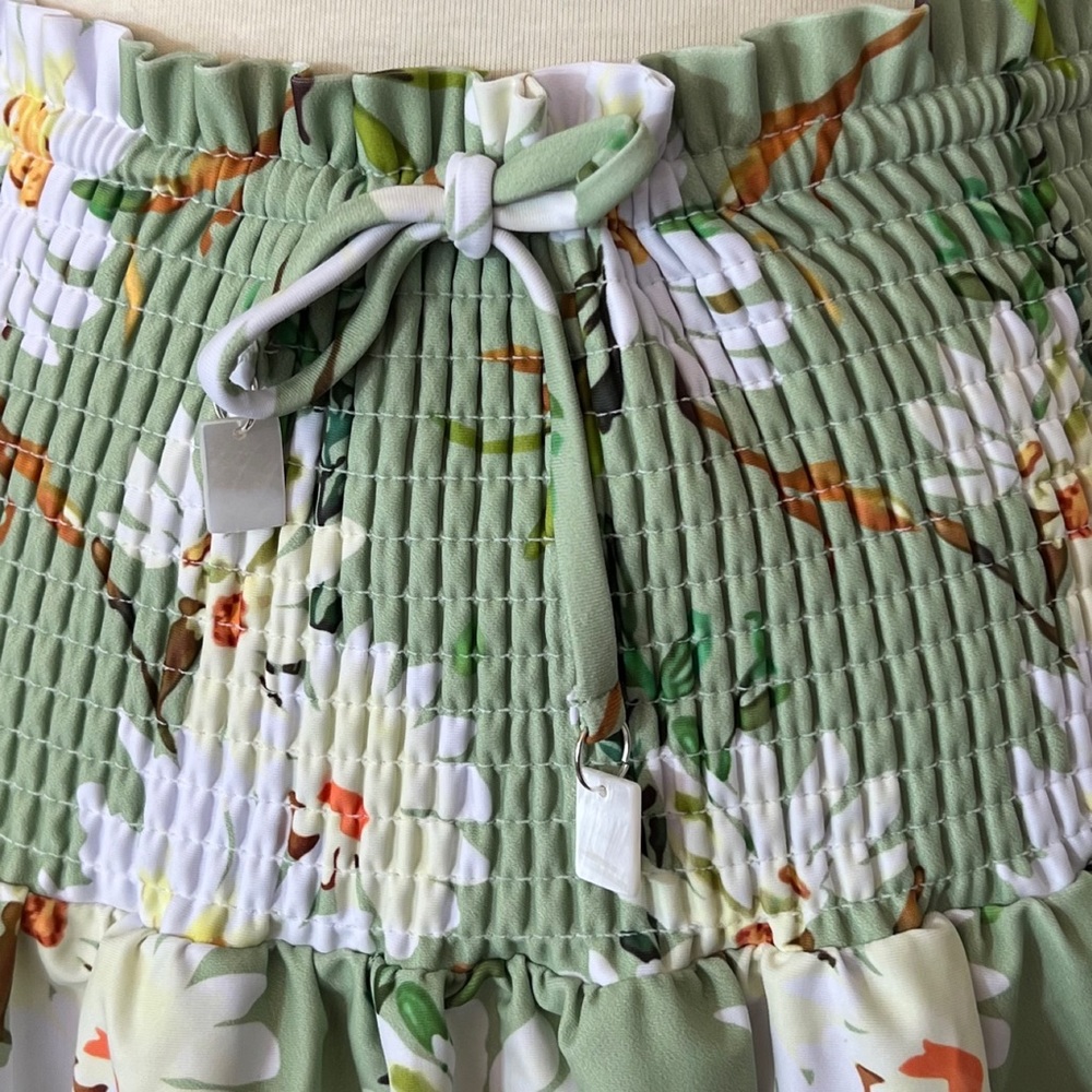 Retro Pale Green Floral Shirred High Waist Drawstring Beach Skirt - Picture 9 of 16